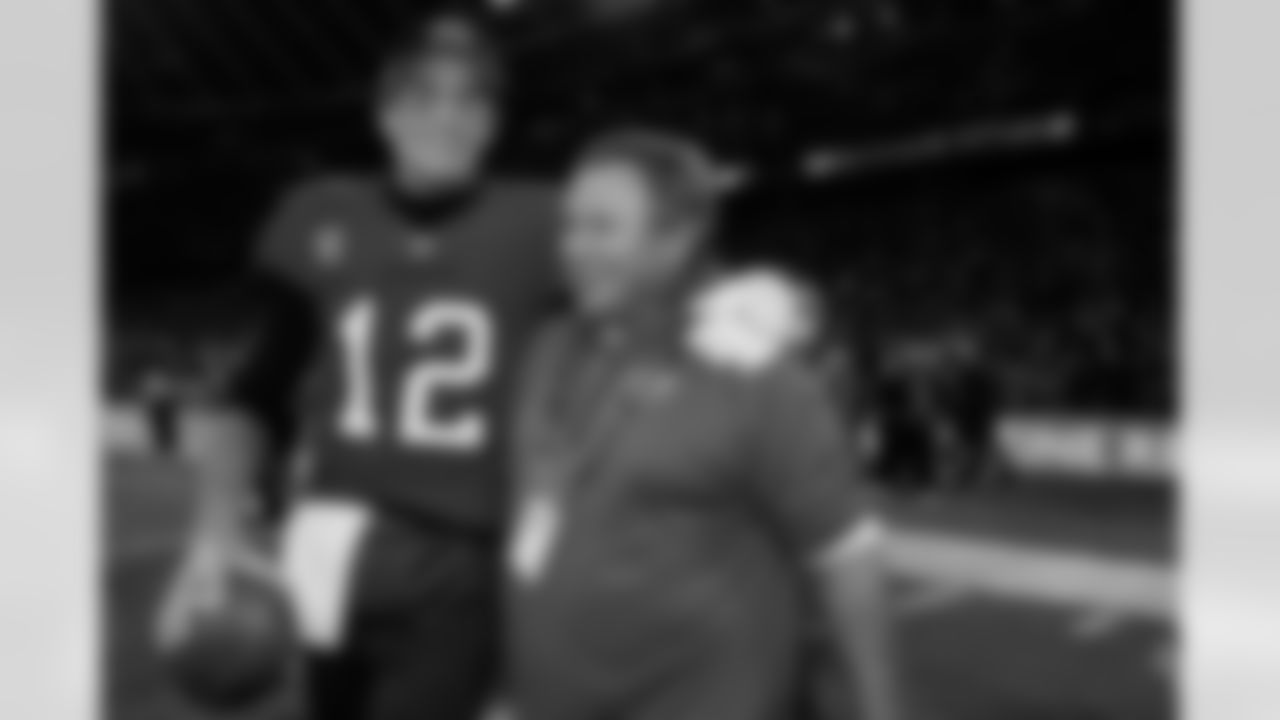 MUNICH, DE - November 13, 2022 - Quarterback Tom Brady #12 and Quarterbacks Coach Clyde Christensen of the Tampa Bay Buccaneers after the game between the Seattle Seahawks and Tampa Bay Buccaneers at Allianz Arena. The Buccaneers won the game 21-16. Photo By Kyle Zedaker/Tampa Bay Buccaneers