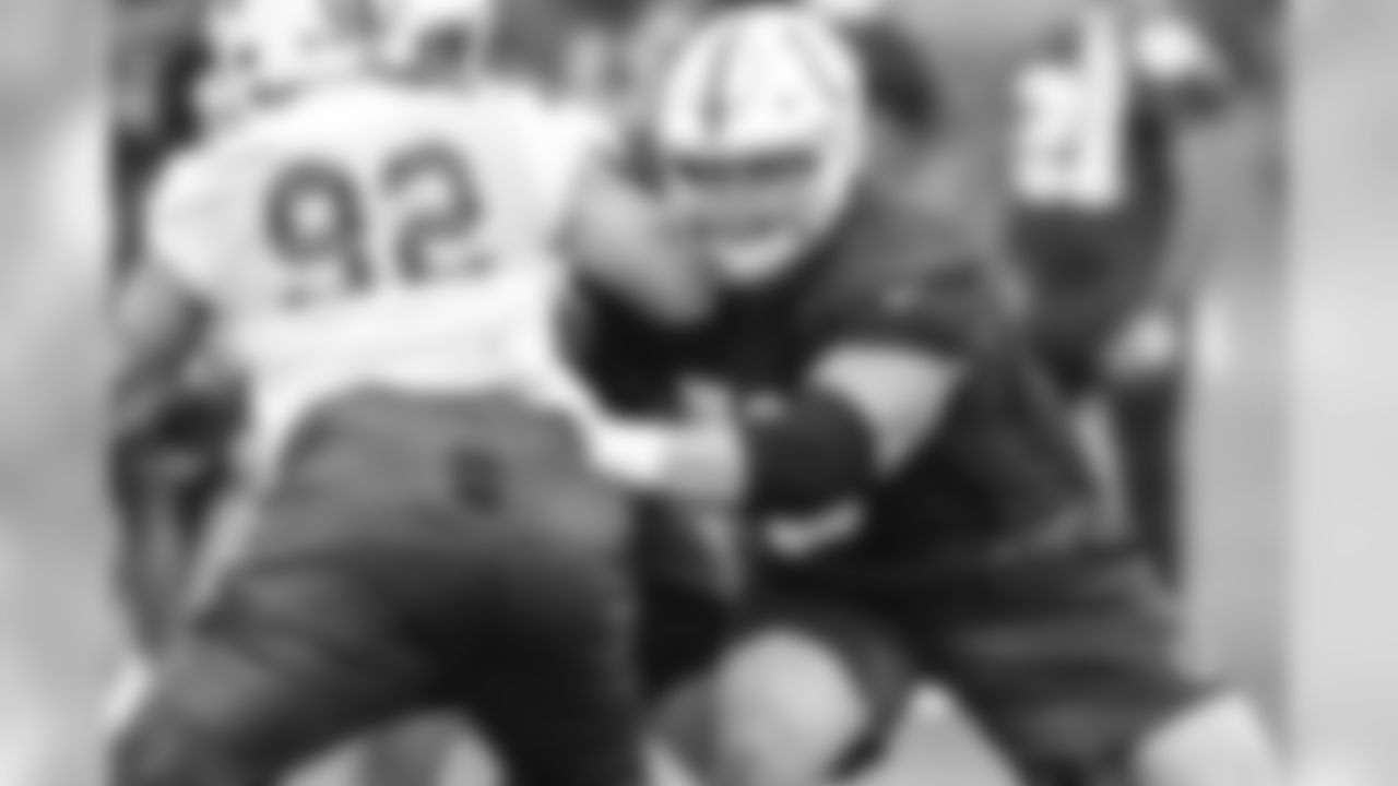 Colts offensive and defensive lineman battle in the trenches during OTAs.