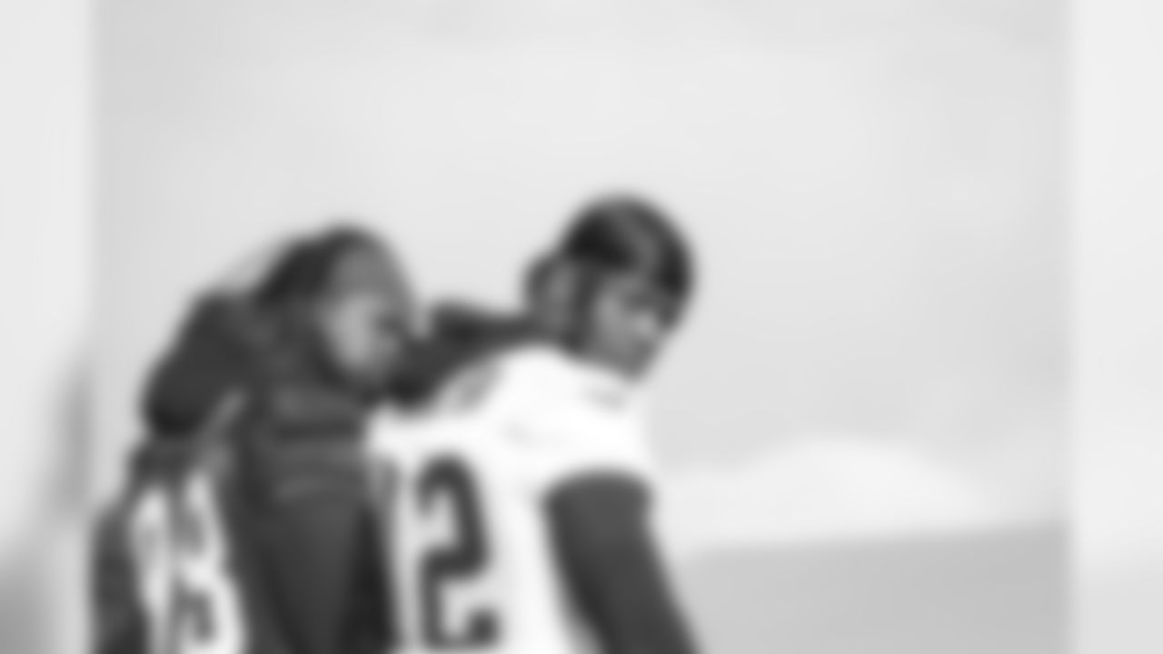 Atlanta Falcons wide receiver Mohamed Sanu #12 and defensive end Takkarist McKinley #98 on the last day of 2019 AT&T Atlanta Falcons Training Camp. (Photo by Kara Durrette/Atlanta Falcons)