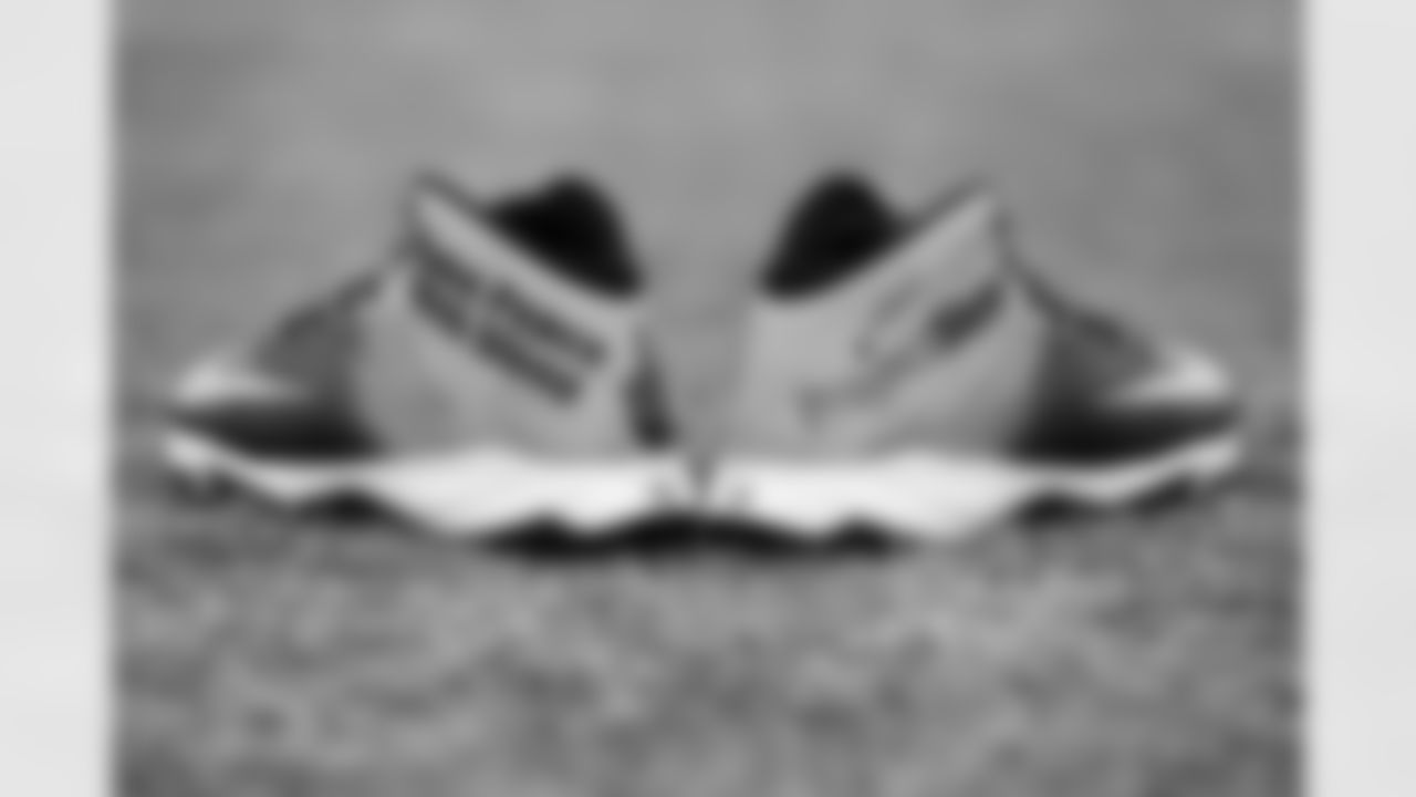 View of the cleats worn by Atlanta Falcons offensive guard Josh Andrews #68 for My Cause, My Cleats at Atlanta Falcons Headquarters in Flowery Branch, Georgia, on Wednesday, December 1, 2021. (Photo by Shanna Lockwood/Atlanta Falcons)