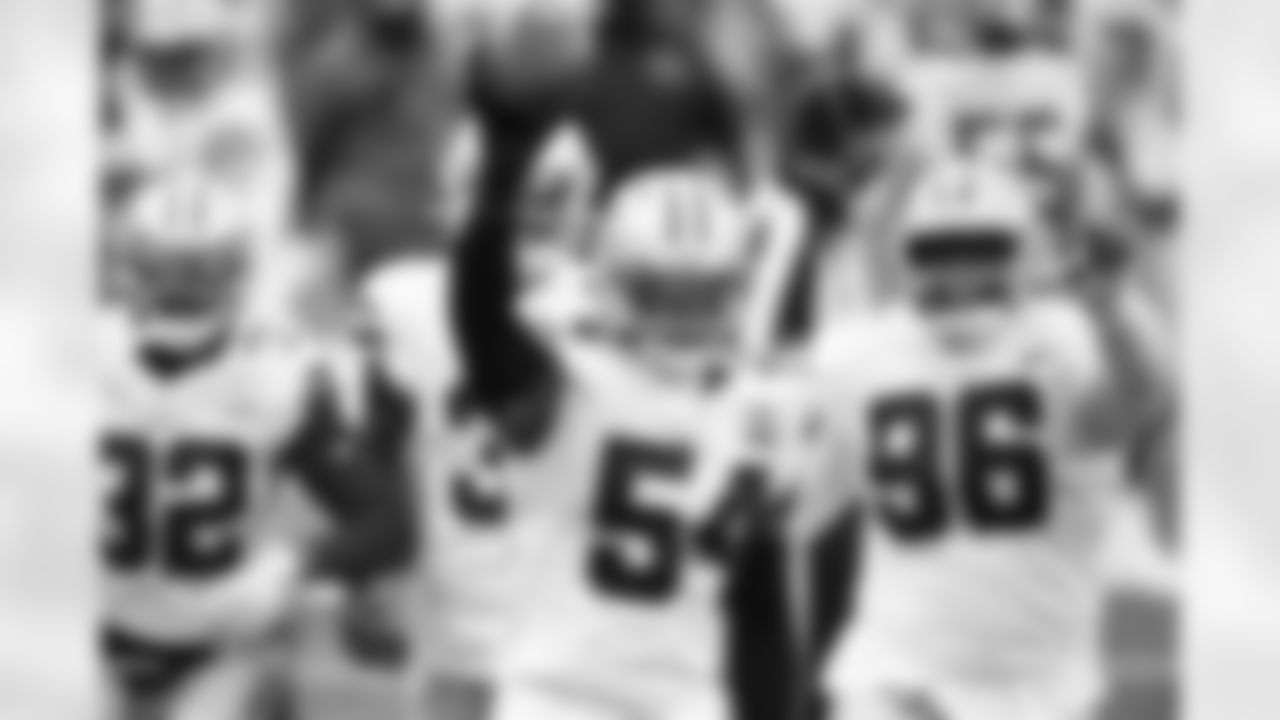 Dallas Cowboys middle linebacker Jaylon Smith (54) celebrates a recovered fumble during an NFL football game against the Cincinnati Bengals, Sunday, Dec. 13, 2020, in Cincinnati. (AP Photo/Emilee Chinn)