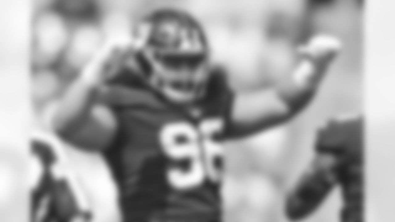 New York Giants defensive tackle David Moa (96) celebrates after a sack during the second half of an NFL preseason football game against the Cleveland Browns, Sunday, Aug. 22, 2021, in Cleveland. (AP Photo/David Dermer)
