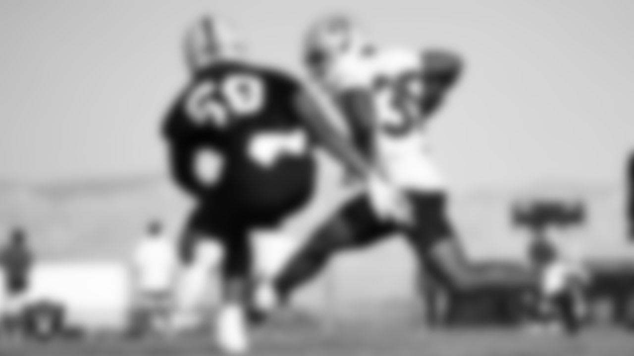 Las Vegas Raiders linebacker Darron Lee (58) and running back B.J. Emmons (35) on the field for practice at 2021 Training Camp.