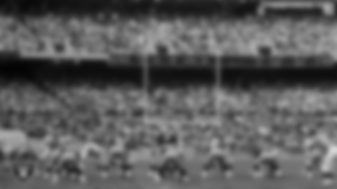 The Raiders before the snap during the regular season home game against the Kansas City Chiefs at the Oakland–Alameda County Coliseum, Sunday, October 1, 1967.