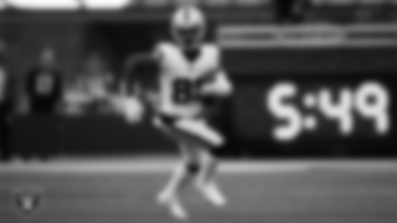 Las Vegas Raiders wide receiver Kristian Wilkerson (83) runs after making a catch during the preseason away game against the Los Angeles Rams at Sofi Stadium.
