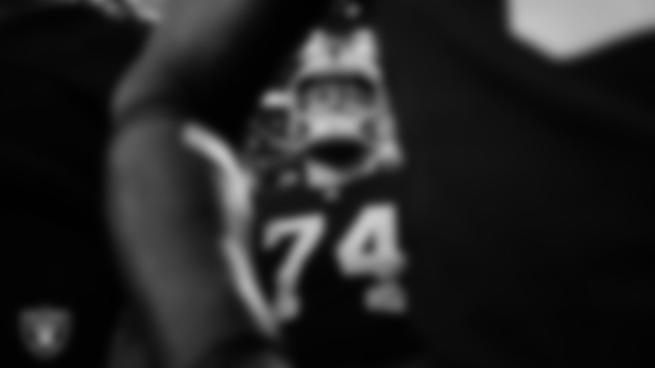 Las Vegas Raiders tackle Kolton Miller (74) waits to be introduced onto the field before the regular season away game against the Dallas Cowboys.