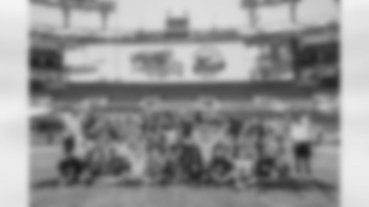 Kids participate in a Play60 event on the field at M&T Bank Stadium on May 17, 2022 in Baltimore, MD.