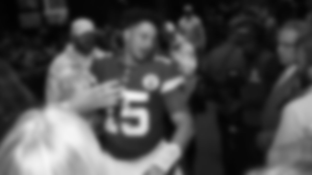 Kansas City Chiefs quarterback Patrick Mahomes (15) celebrates following the Week 10 NFL Game against the Denver Broncos on Sunday, November 10, 2024.
