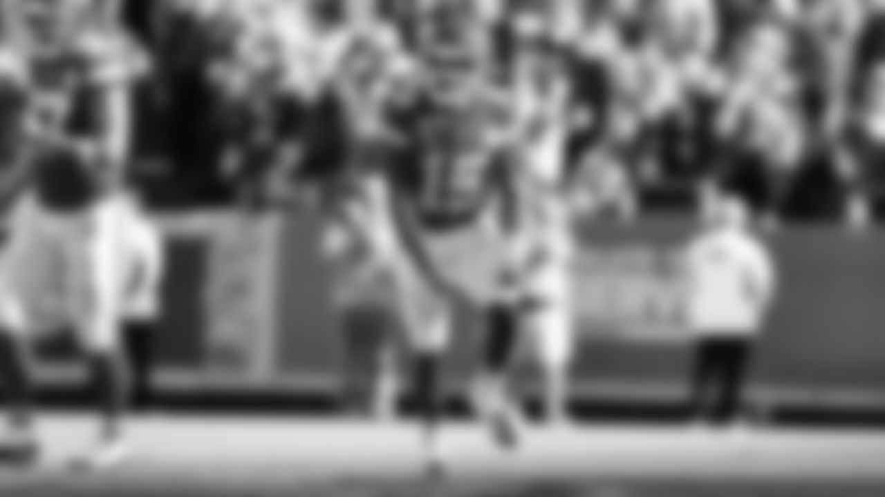 Kansas City Chiefs quarterback Patrick Mahomes (15) celebrates during the Week 10 NFL Game against the Denver Broncos on Sunday, November 10, 2024.