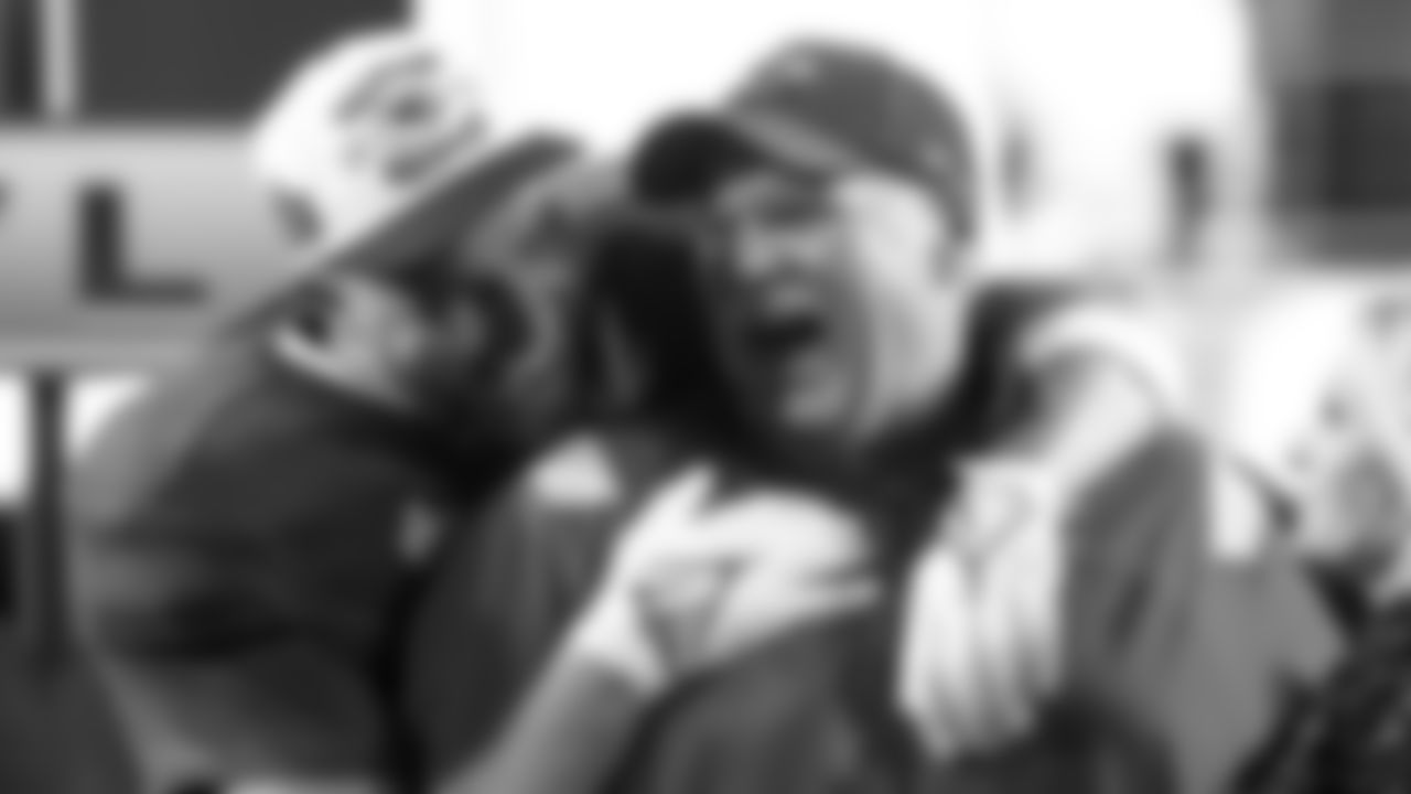 Kansas City Chiefs Head Coach Andy Reid & tight end Travis Kelce (87) after winning NFL Super Bowl 57 against the Philadelphia Eagles on Sunday, February 12, 2023 in Glendale, Arizona.