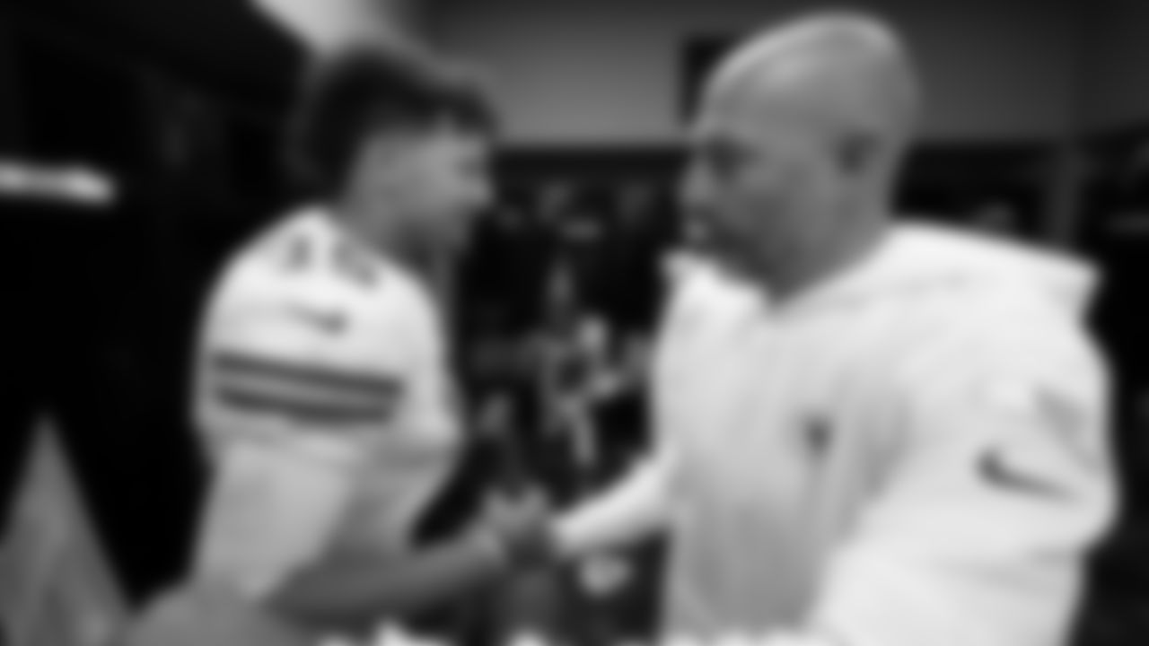 Kansas City Chiefs quarterback Patrick Mahomes (15) and Offensive Coordinator Matt Nagy in the locker room following the NFL Week 8 matchup against the Las Vegas Raiders on Sunday, October 27, 2024 in Las Vegas, NV.