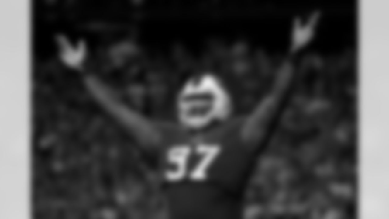 Buffalo Bills defensive tackle Jordan Phillips (97) reacts after making a defensive stop during an NFL football game against the Tennessee Titans, Monday, Sept. 19, 2022, in Orchard Park, N.Y. (AP Photo/Kirk Irwin)
