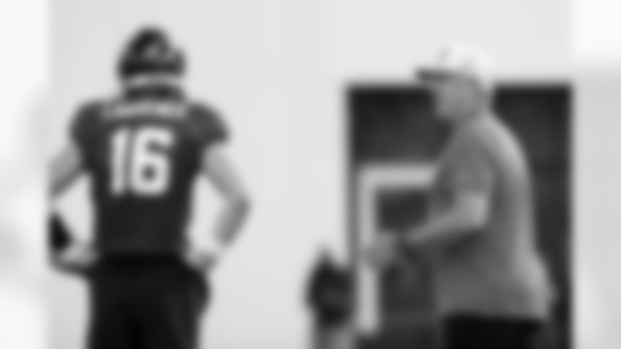 Jacksonville, Fla. — Jaguars quarterback Trevor Lawrence (16) and head coach Doug Pederson during practice at the Miller Electric Center on November 27, 2024.