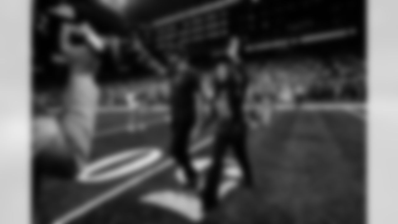 Lions Legend Calvin Johnson Jr. (81) and Dr. Arica Johnson before an NFL football game against the Seattle Seahawks on Sept. 30, 2024 in Detroit. (Jeff Nguyen/Detroit Lions via AP)