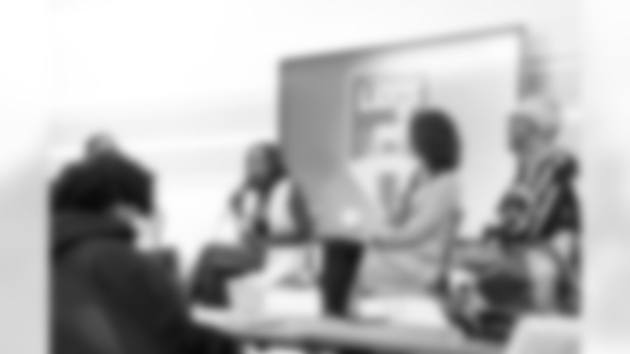Michigan Black Business Alliance CEO Charity Dean speaks to students during a Women's History Month panel at Detroit Lions Academy on March 19, 2025 in Detroit. (Jeff Nguyen/Detroit Lions)