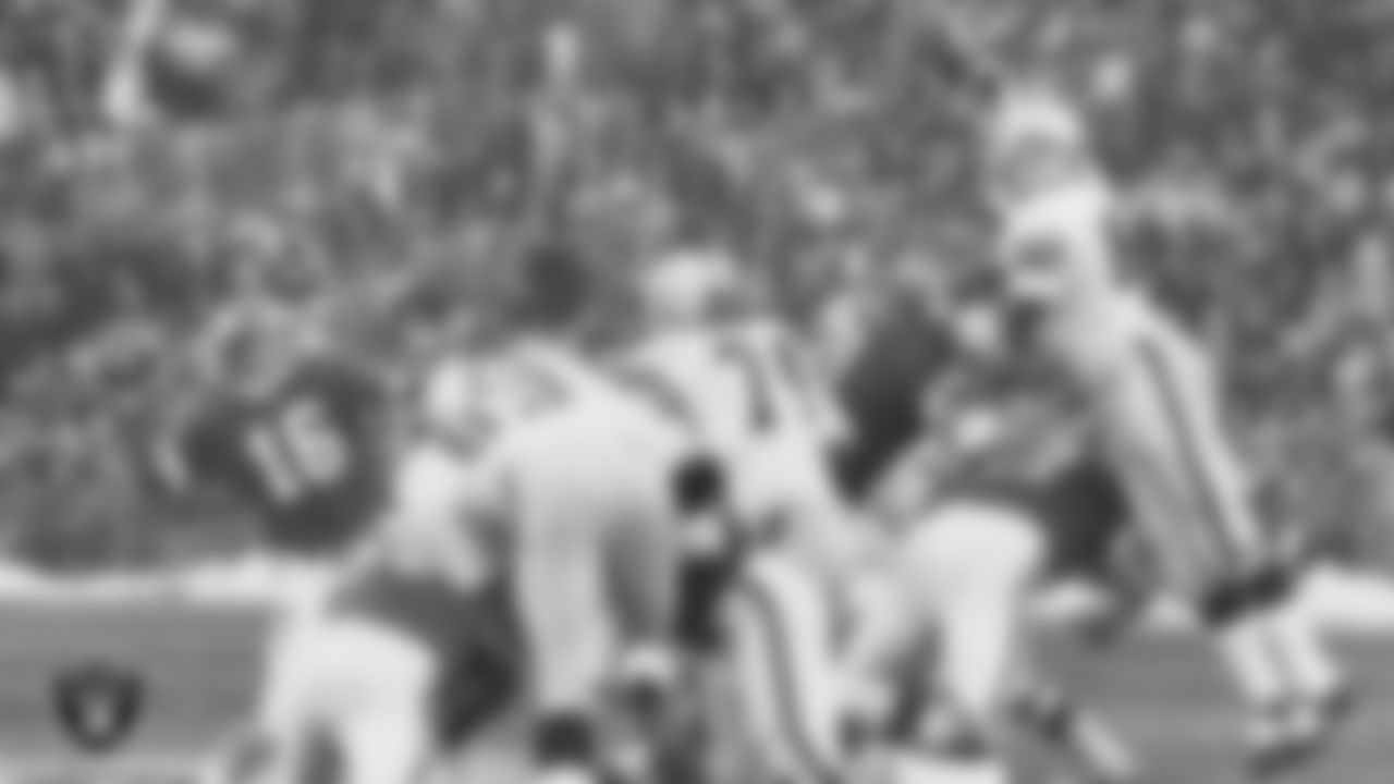 Oakland Raiders defensive end Ted Hendricks (83), defensive tackle Dave Rowe (74) and defensive end Horace Jones (82) during the regular season away game against the Kansas City Chiefs at Arrowhead Stadium, Sunday, October 12, 1975, in Kansas City, Mo.