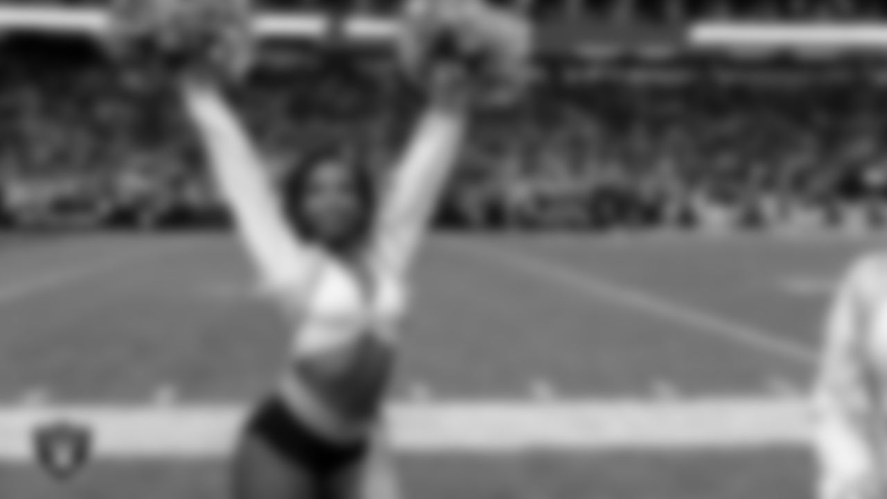 Raiderette Cheyenne on the sidelines during the regular season home game against the Los Angeles Chargers at Allegiant Stadium.