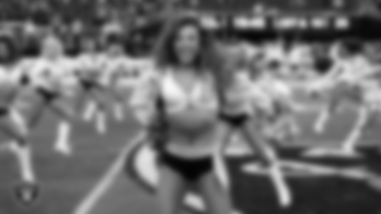 Raiderette Lexie performs on the field before the regular season home game against the Denver Broncos at Allegiant Stadium.