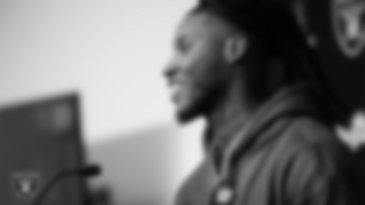Las Vegas Raiders safety Lonnie Johnson Jr. at a press conference at Las Vegas Raiders Headquarters.