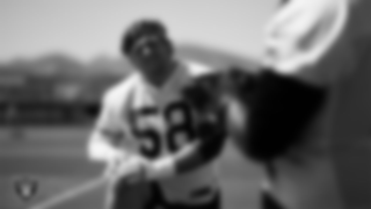 Las Vegas Raiders center/guard Jackson Powers-Johnson (58) on the field for mandatory minicamp at Intermountain Health Performance Center.
