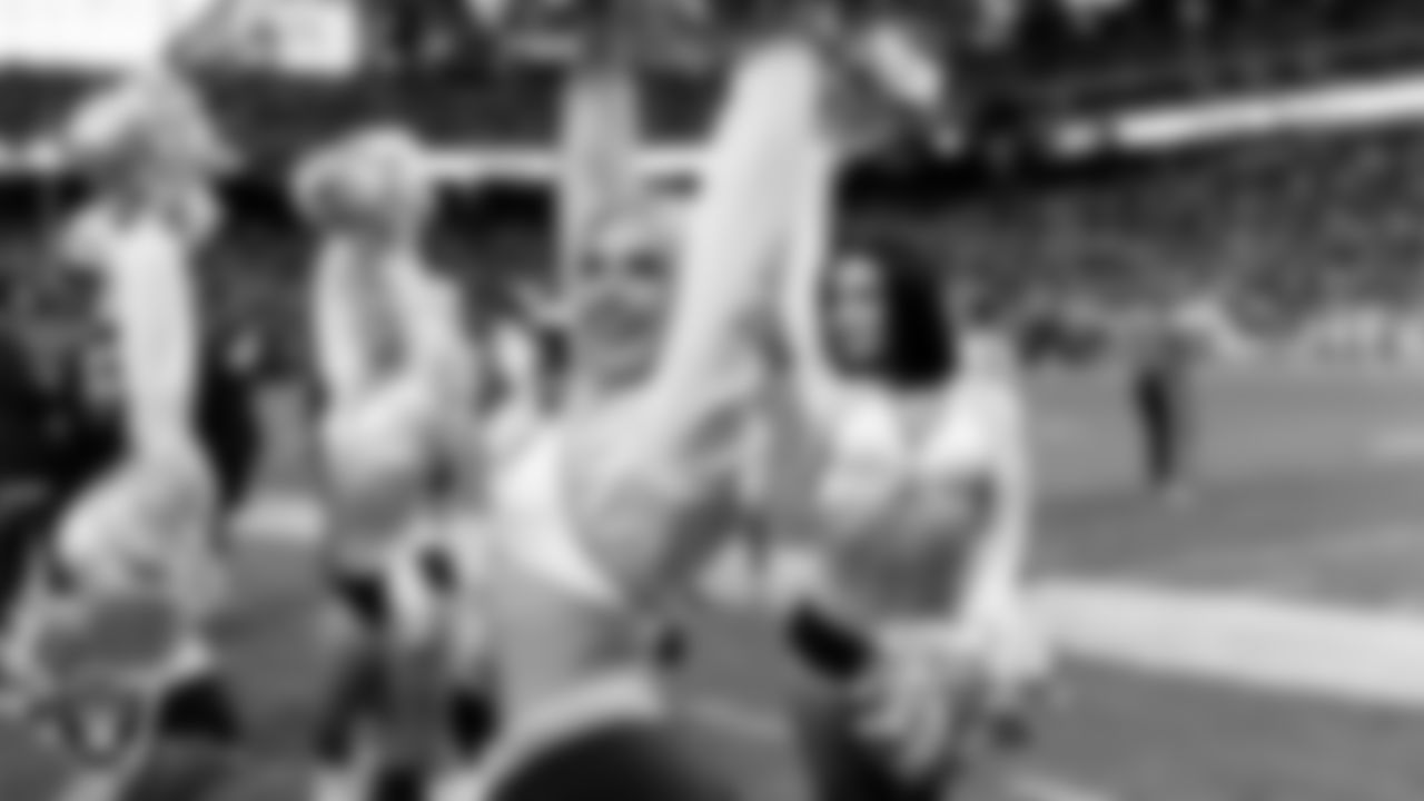 Raiderette Claudia on the sidelines during the regular season home game against the Los Angeles Chargers at Allegiant Stadium.