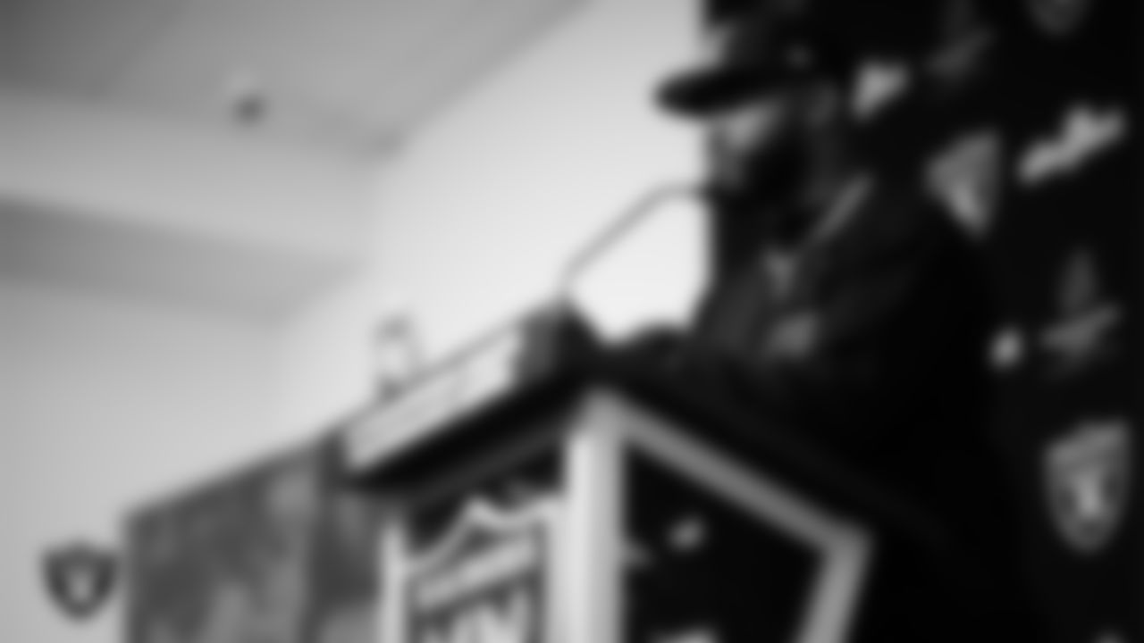 Las Vegas Raiders linebacker Elandon Roberts at a press conference at Las Vegas Raiders Headquarters.