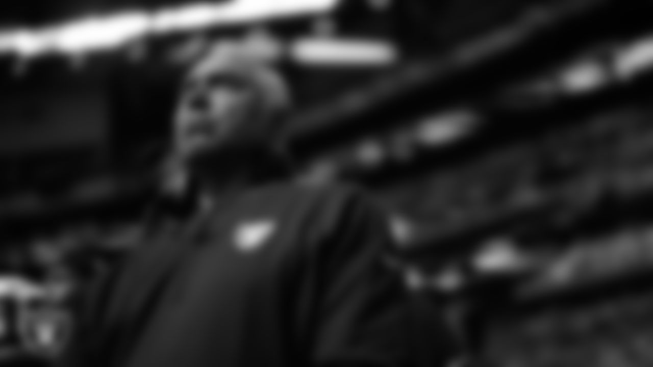 Las Vegas Raiders Assistant Head Coach Marvin Lewis during the national anthem before the preseason away game against the Minnesota Vikings at U.S. Bank Stadium.