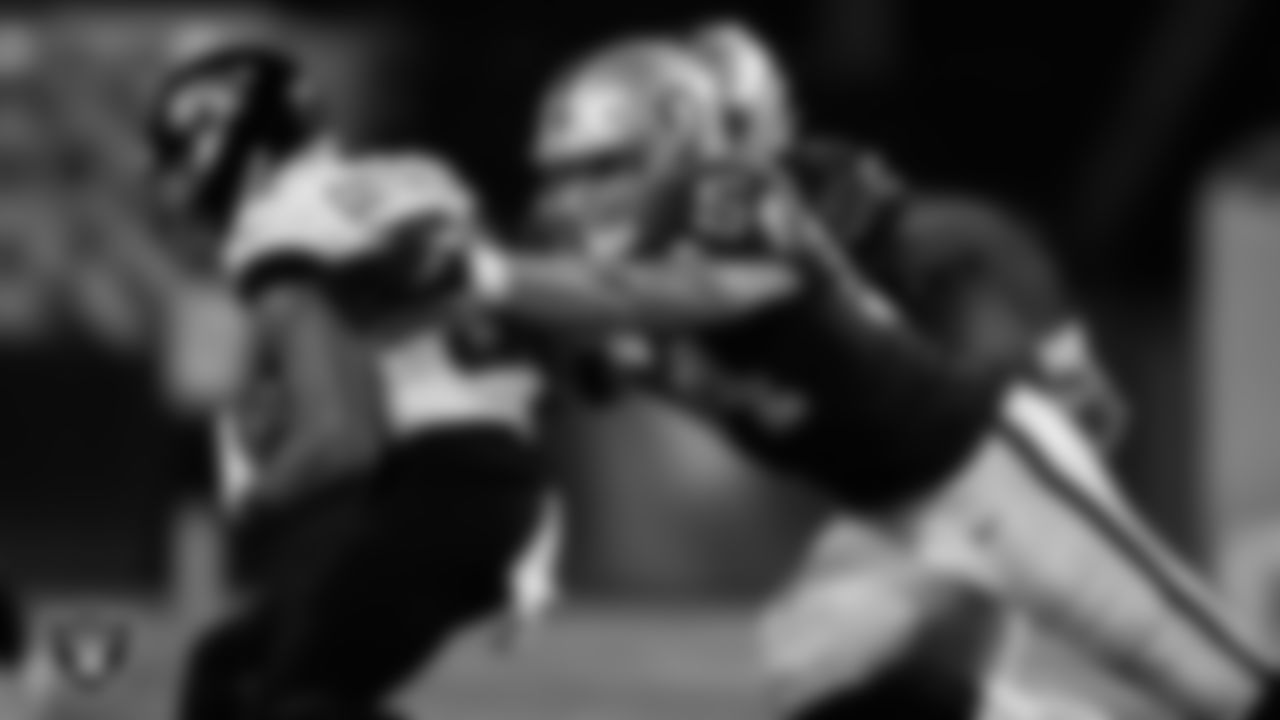 Las Vegas Raiders defensive end Zach VanValkenburg (54) makes a tackle during the Hall of Fame Game against the Jacksonville Jaguars at Tom Benson Hall of Fame Stadium, Thursday, August 4, 2022, in Canton, Ohio.