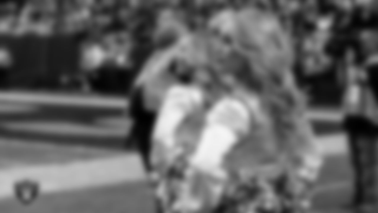 Raiderette Pip on the sidelines during the regular season home game against the Los Angeles Chargers at Allegiant Stadium.