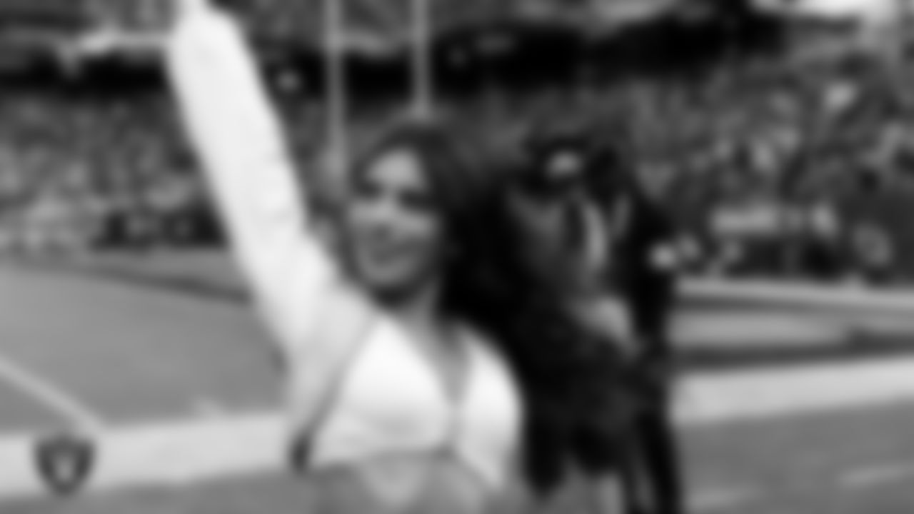 Raiderette Annalise on the sidelines during the regular season home game against the Los Angeles Chargers at Allegiant Stadium.