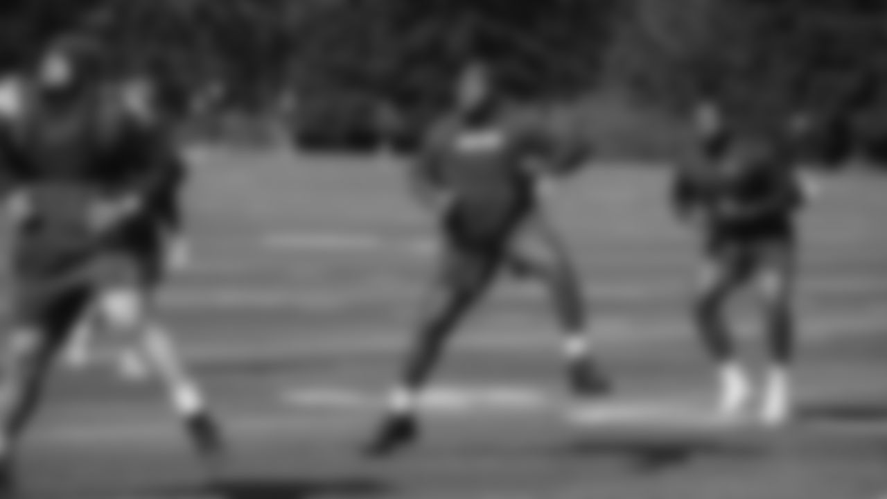 Seahawks guard Christian Haynes (64), tackle Michael Jerrell (65) and guard Malaesala Aumavae-Laulu (70) participated in the first workout of the offseason on April 22, 2025 at the Virginia Mason Athletic Center.